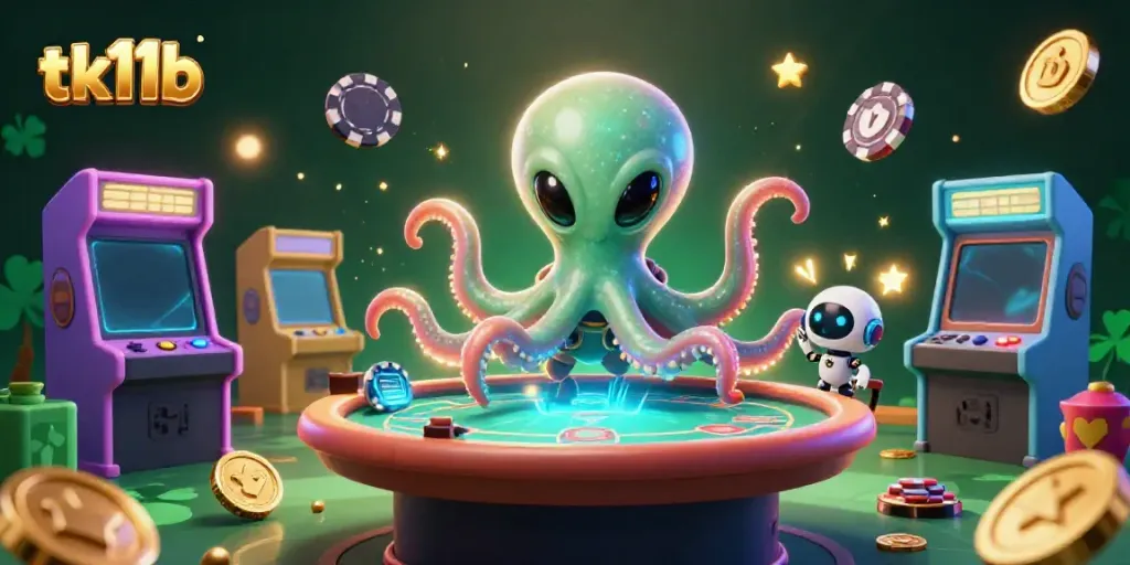 Experience the vibrant games at tk11b with a dynamic 3D illustration showcasing an alien octopus at a holographic poker table.