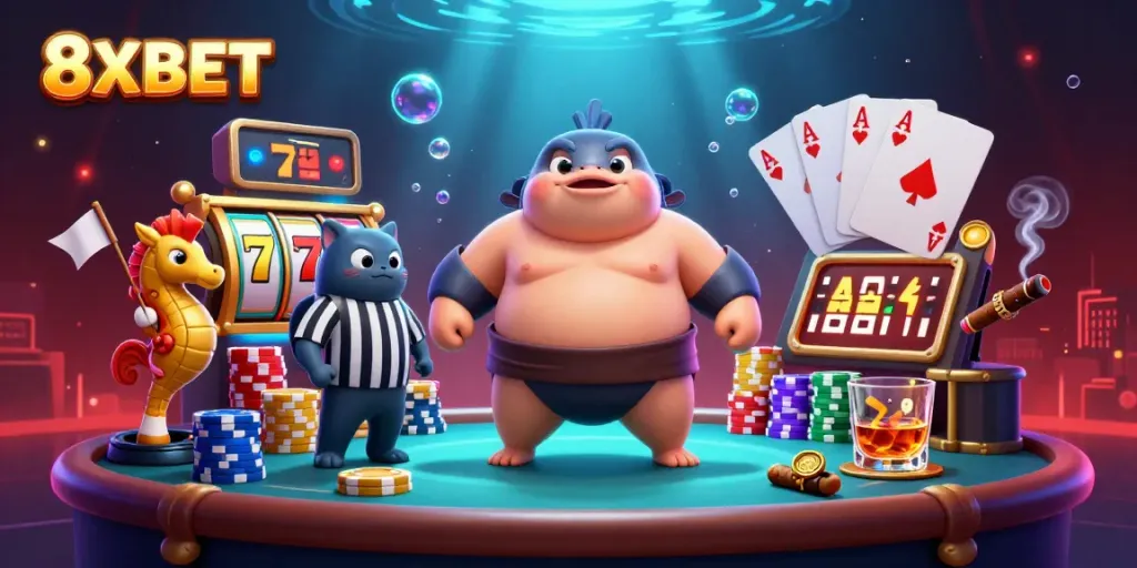 Experience the vibrant action at 8XBET with a lively underwater casino scene featuring unique characters and game elements.