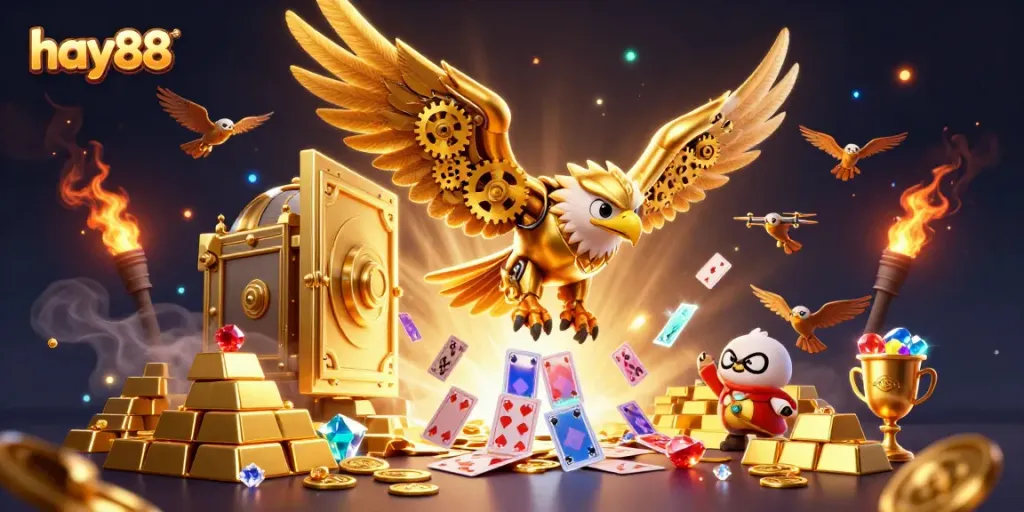 Experience the excitement of hay88 with this vibrant casino scene depicting a golden eagle and treasure in flight.