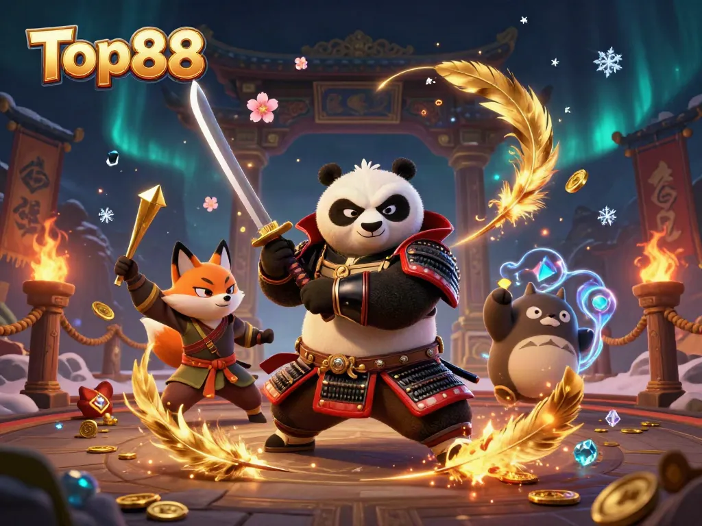Top88 showcases a dynamic 3D samurai panda and ninja fox amid casino excitement.