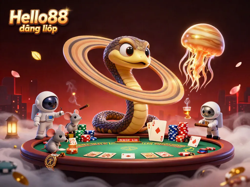Engaging illustration of Hello88 đăng nhập with astronaut mice placing bets on a cosmic roulette wheel, featuring vibrant casino elements.