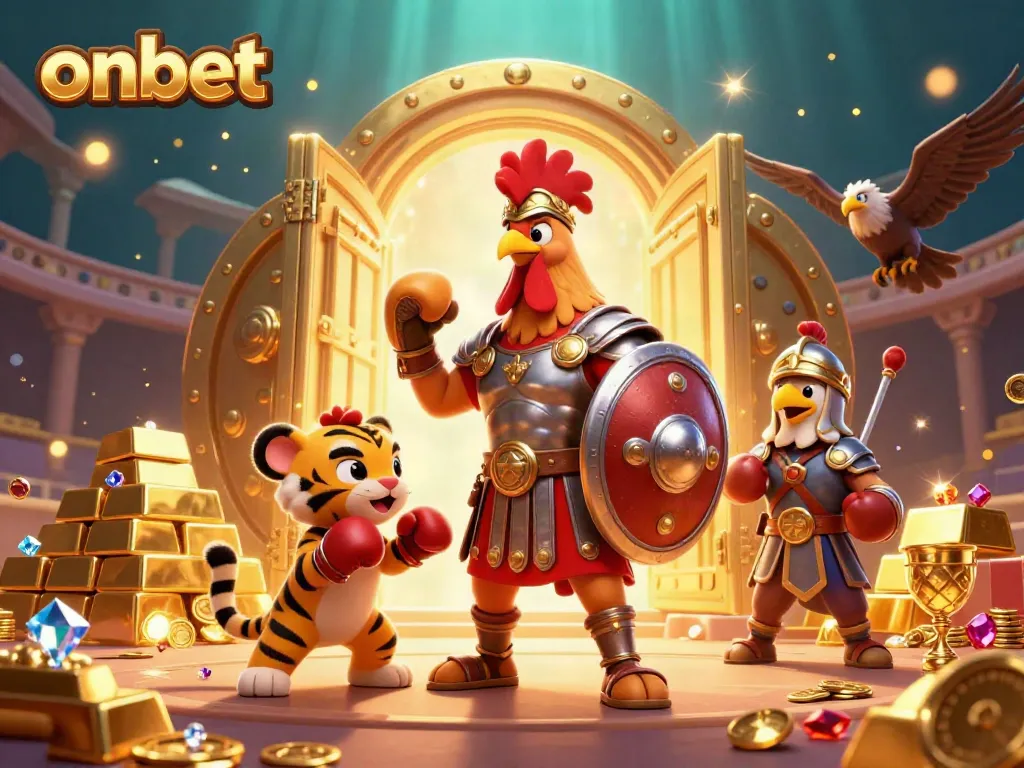 Experience thrilling onbet adventure with a gladiator rooster and treasure in a dazzling casino arena.
