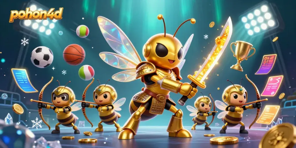 Engage with the lively world of pohon4d featuring a hornet samurai and bee archers amidst sports-themed elements.