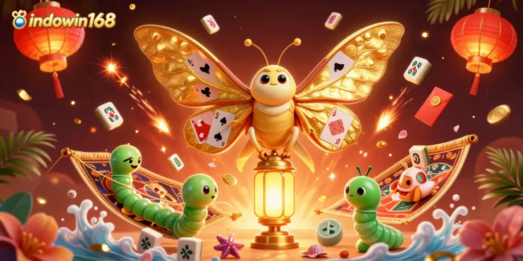 Experience the thrill at indowin168 with vibrant casino scenes joining a golden moth illustration.