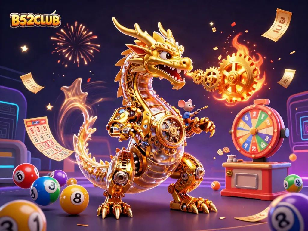 B52CLUB shines as players engage with vibrant lottery balls and dynamic gaming elements in this captivating illustration.