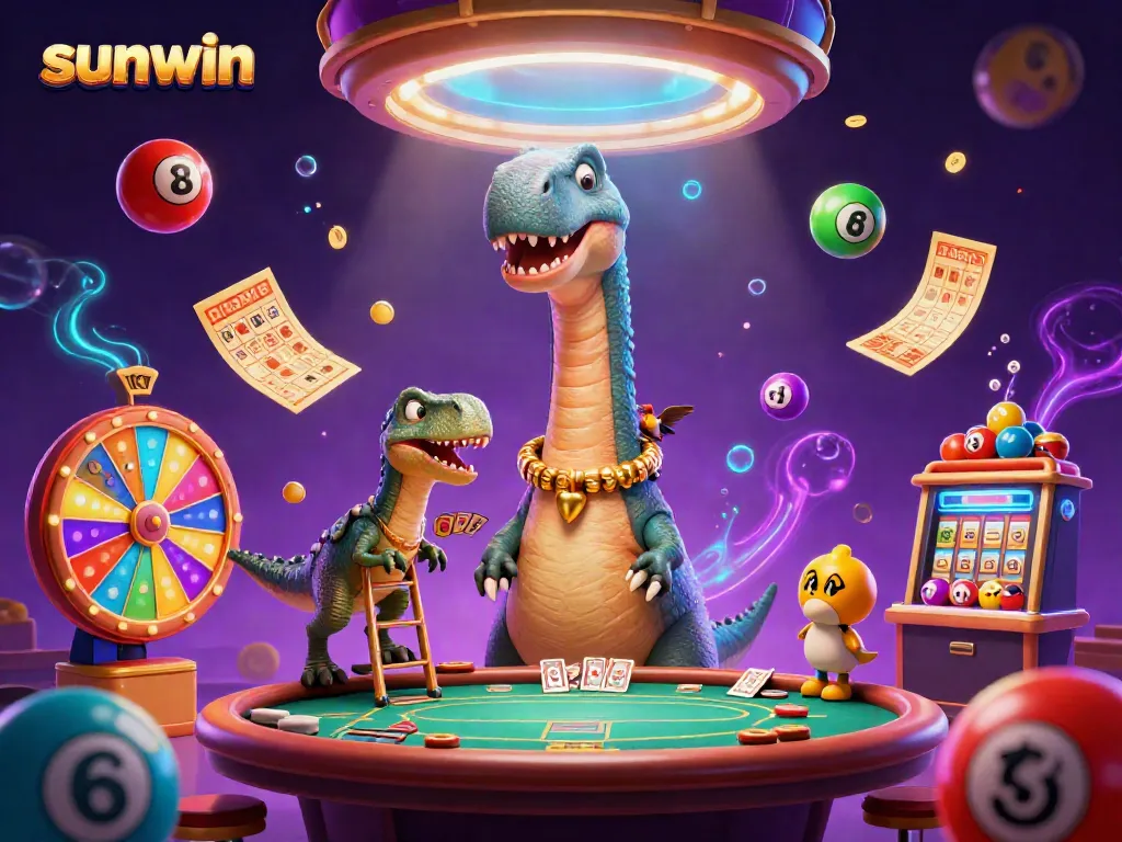 Experience sunwin gaming excitement with a towering brontosaurus and raptor dealer amidst vibrant casino elements.