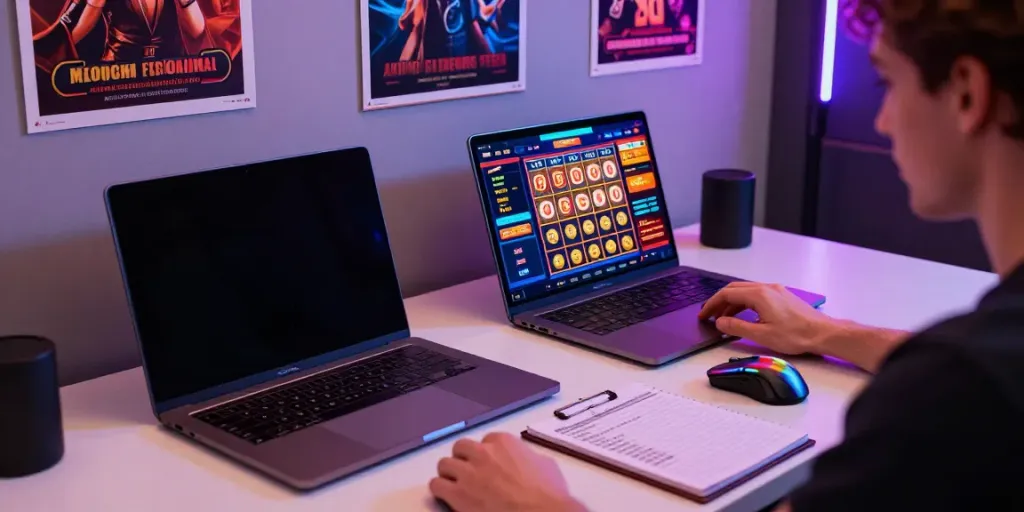 Pengguna Situs Toto sedang menikmati pengalaman bermain judi online di meja modern dengan grafik permainan yang cerah.