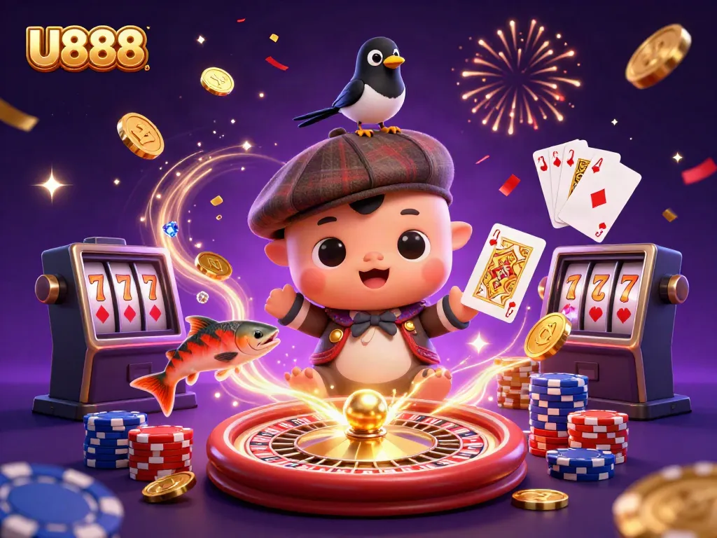 U888 enchanted illustration showcasing online gaming with vibrant characters and glittering casino elements.