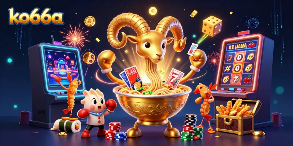 Experience thrilling action with ko66a in a vibrant, playful casino-themed 3D illustration.