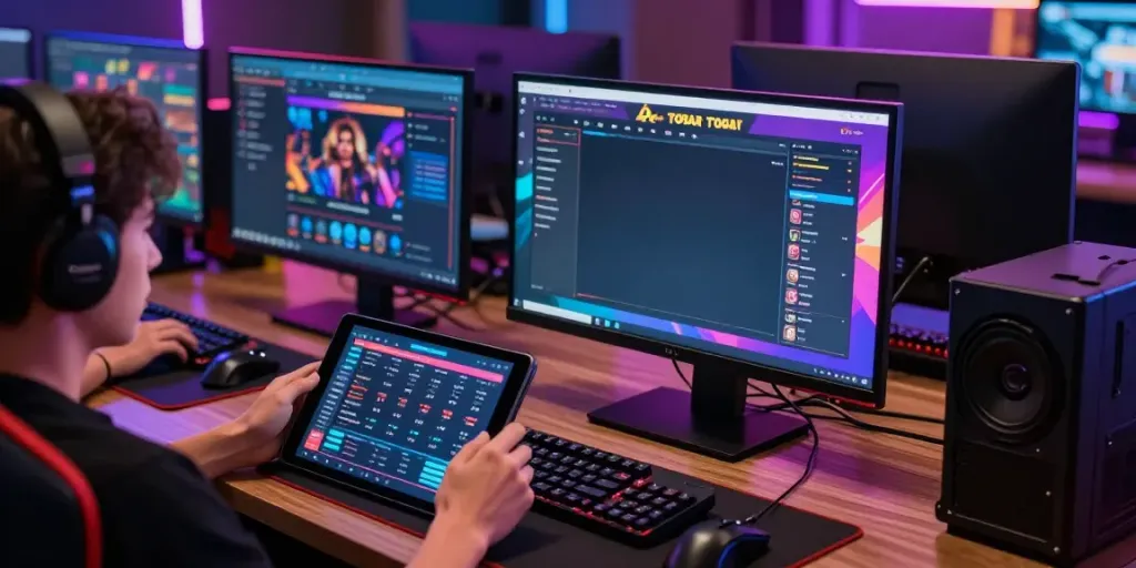 User engaged with bandar togel online gaming on computer with vibrant graphics.