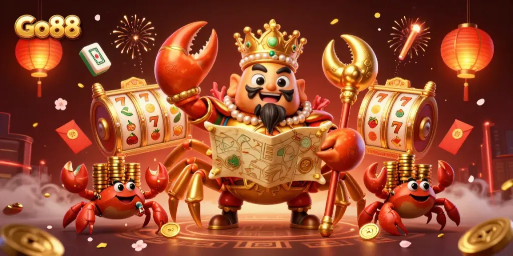 Experience the excitement of Go88 with a vibrant illustration of casino action, featuring a golden crab emperor and dynamic game elements.