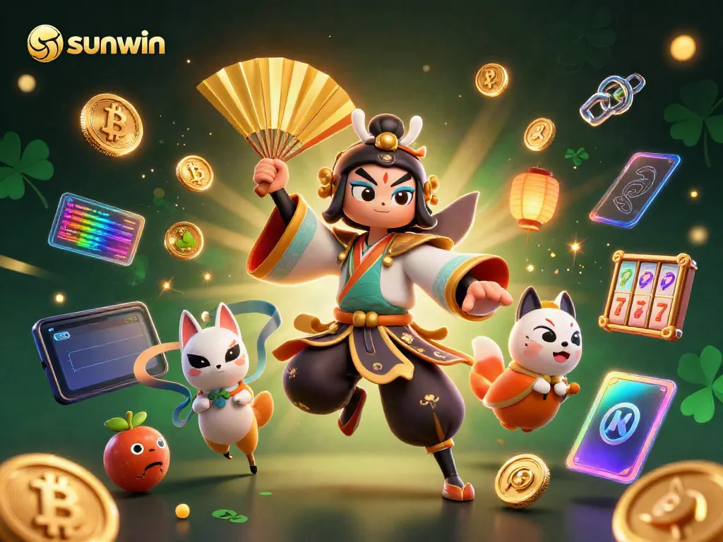 Experience thrilling slots with sunwin in this colorful 3D casino illustration featuring vibrant characters.