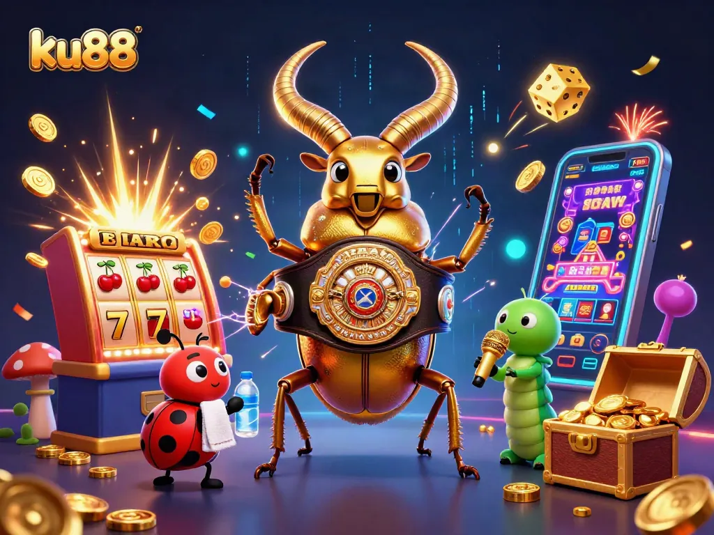 ku88 showcases a vibrant casino scene with animated characters celebrating big wins amidst slot machines and treasures.