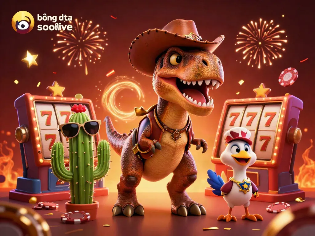 Experience bóng đá trực tuyến socolive with a playful T-Rex and casino-themed elements in a vibrant atmosphere.