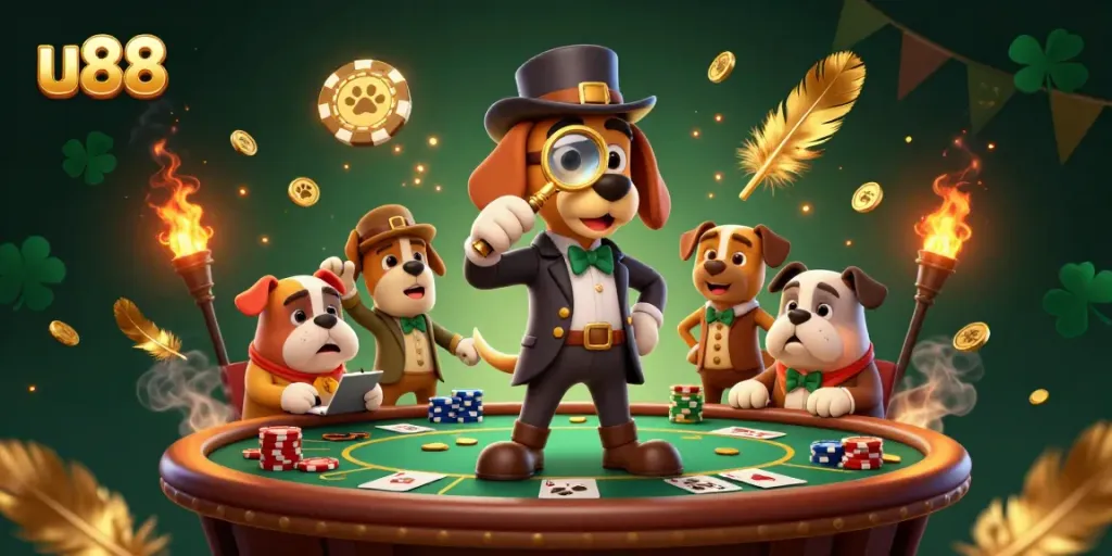 Engaging scene of u88 with a detective bloodhound and bulldog at a poker table, examining clues.