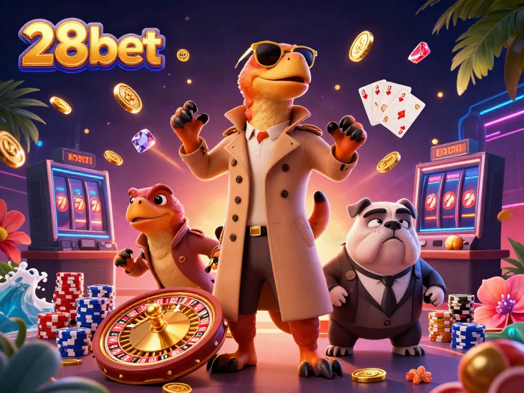 Experience the thrills of 28bet as playful raptors attempt entry into a VIP casino lounge.