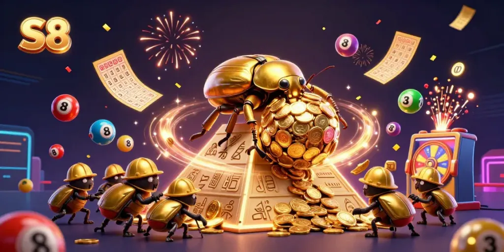 S8 players winning with colorful lottery balls and casino themes in an engaging 3D scene.