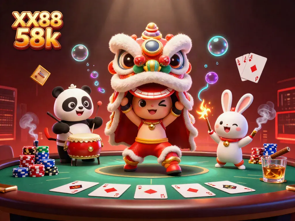 Experience the excitement of XX88 58k with vibrant casino activities and a lively lion dance.