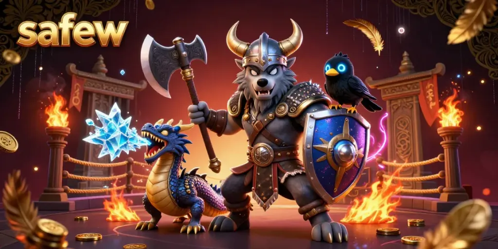 Experience thrilling casino action with safew in a dynamic 3D scene featuring a Viking warrior, dragon, and raven.