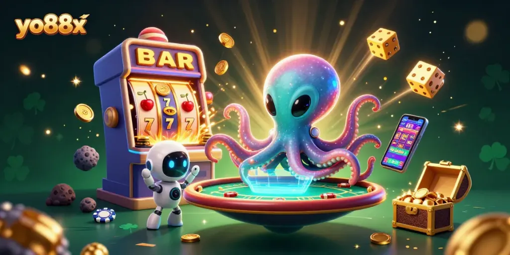 Experience excitement with yo88x in a dynamic online casino scene featuring an alien octopus and casino elements.