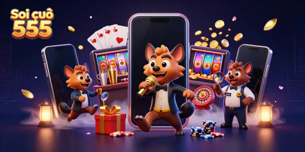 Soi cầu 555 showcases hyenas in a dynamic casino club scene with gambling elements.