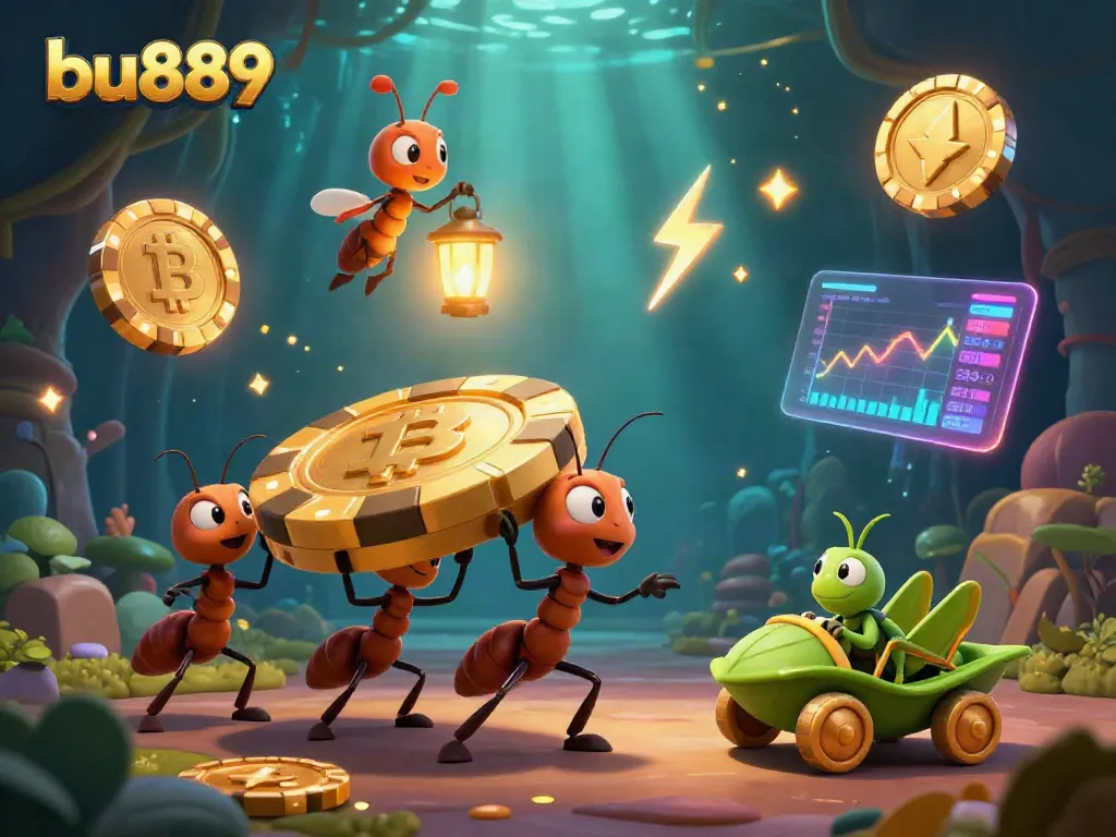 Engaging scene of cartoon ants escaping with a golden poker chip in an underwater heist, promoting bu889 gaming.