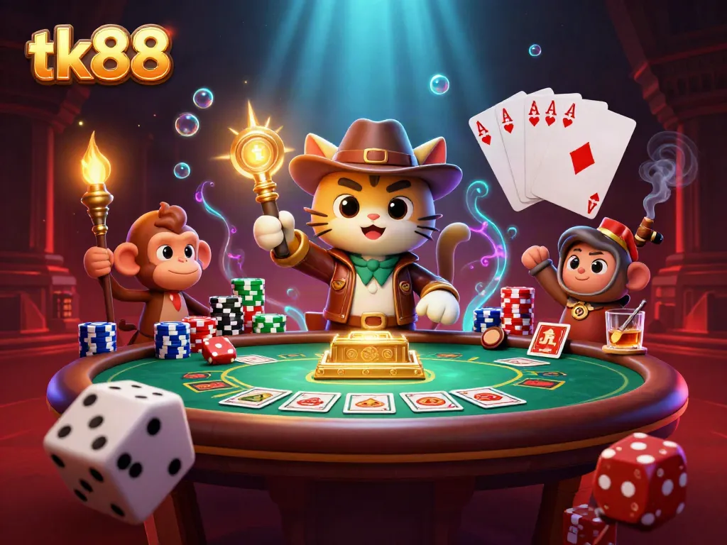 Engage in thrilling adventures with tk88, discovering a golden casino artifact in a vibrant treasure-filled scene.