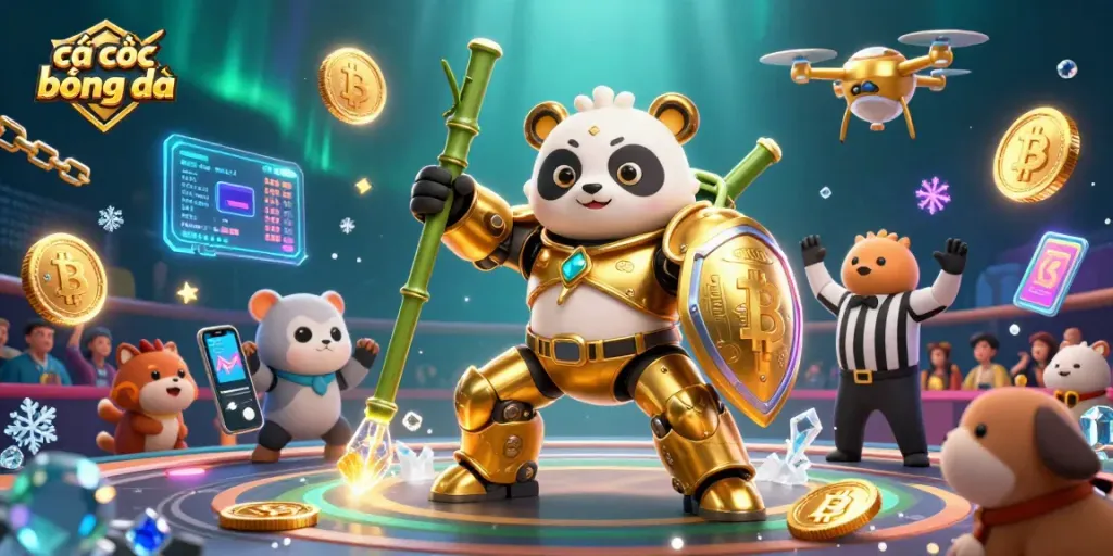 Cá cược bóng đá action scene with a golden panda mech piloting a bamboo robot in an energetic betting arena.