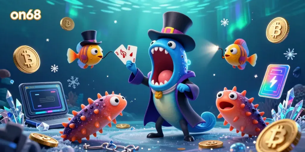 Experience exhilarating magic tricks with on68's 3D eel and anglerfish, all set against a dazzling underwater casino.