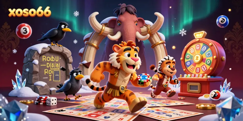 Experience thrilling games with xoso66 in a vibrant prehistoric casino scene featuring lottery elements.