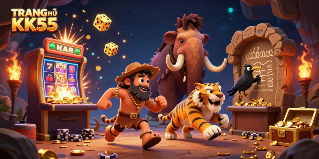 Engage in thrilling gameplay at TRANG CHỦ KK55 with a lively prehistoric casino scene brimming with excitement.