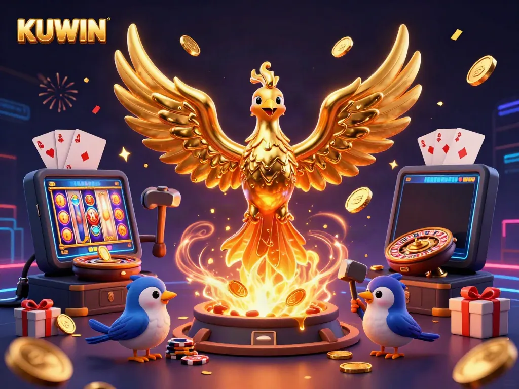 Experience the thrill of KUWIN with a golden phoenix and slot games in a captivating scene.