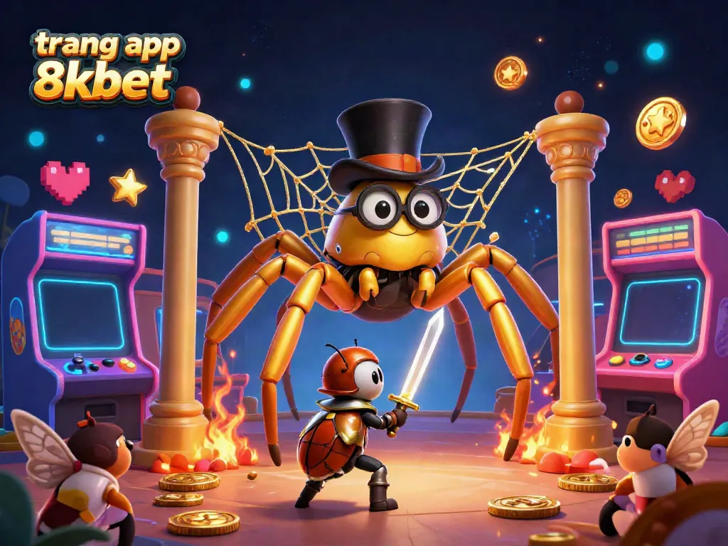 Engage with the vibrant scene of a giant golden tarantula in a casino web, exploring the trang app 8xbet universe.