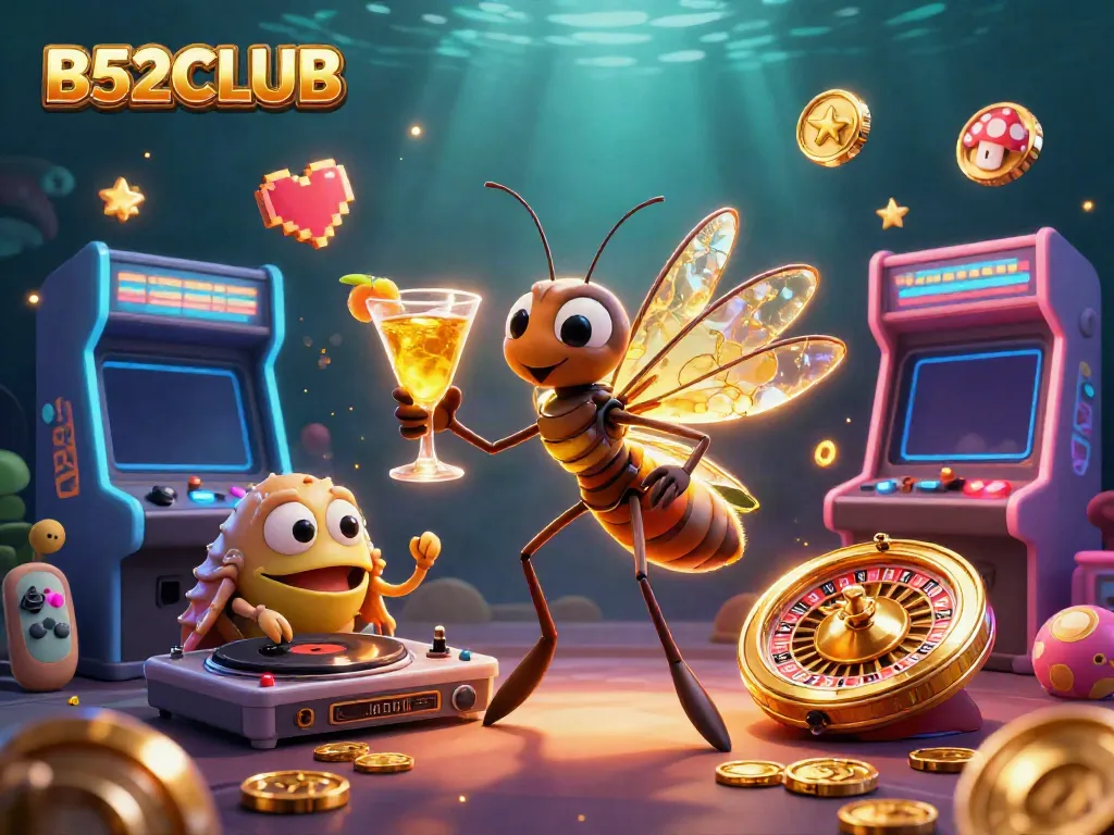B52CLUB showcases a vibrant casino scene with a unique frozen-in-amber mosquito mascot and dynamic game elements.