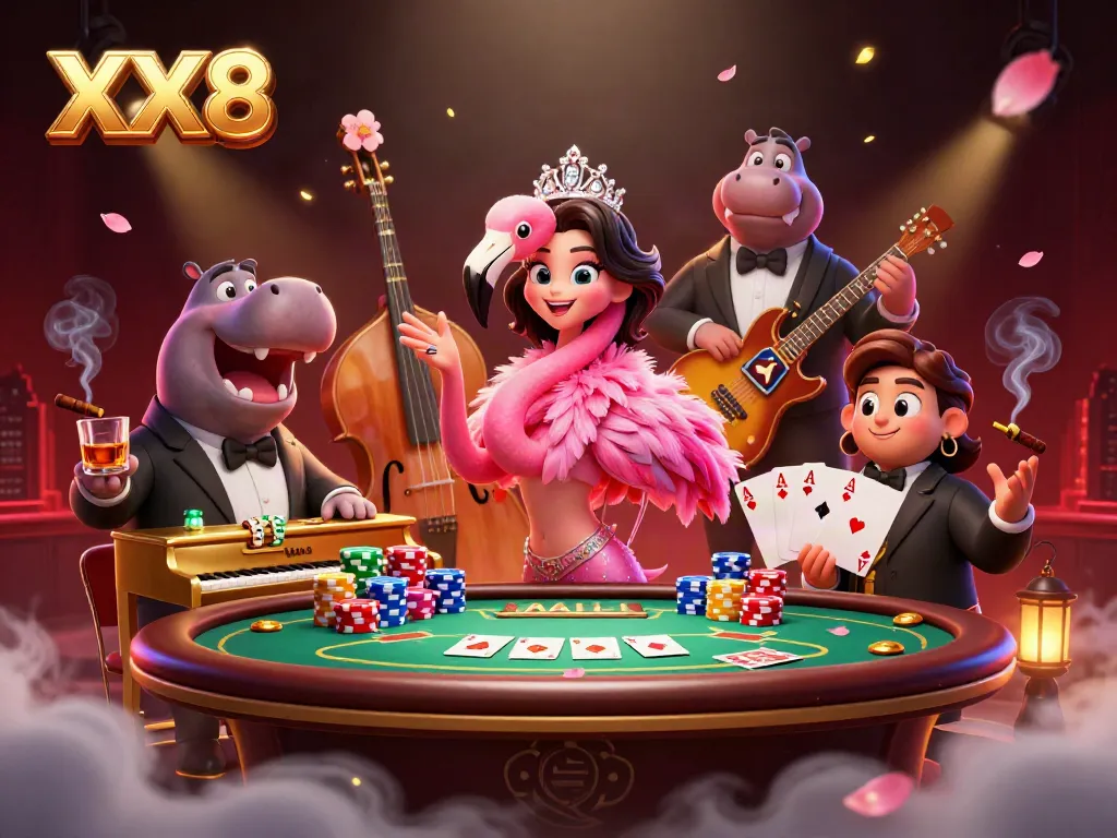 Experience the vibrant casino atmosphere with XX8's lively flamingo singer and hippo bassist.