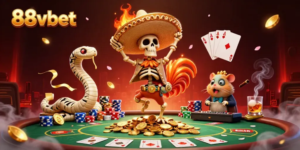 Join the celebration with 88vbet as the cartoon skeleton mariachi dances on golden coins in a vibrant casino scene.
