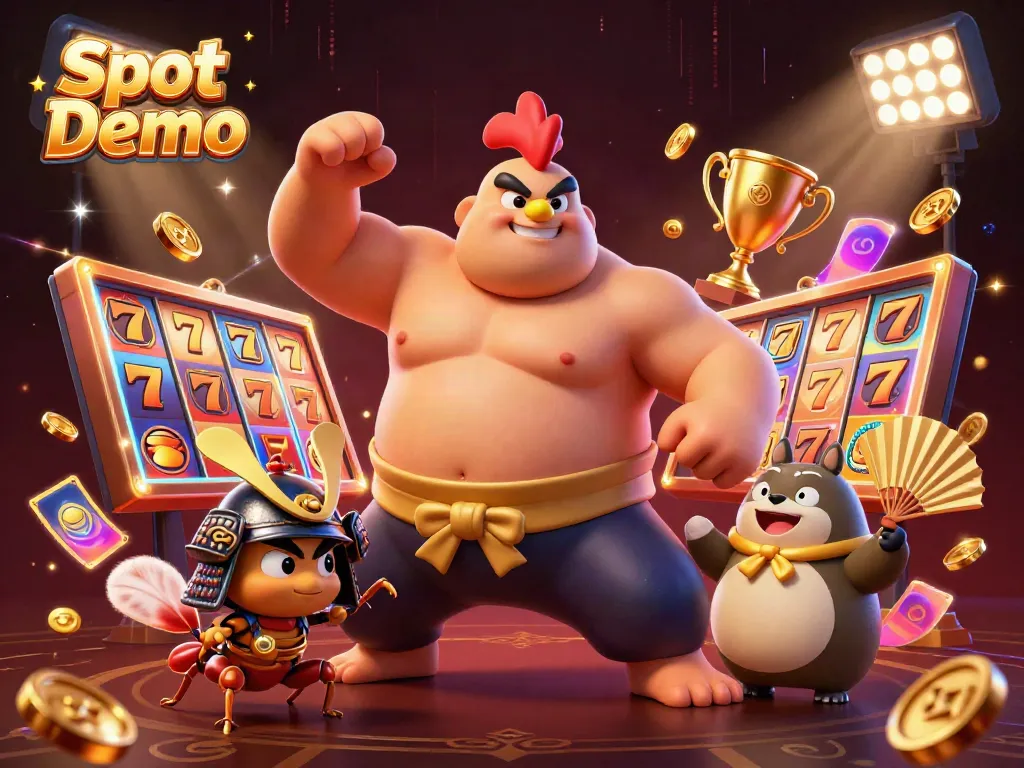 Experience the excitement of Slot Demo with a dynamic scene featuring a powerful sumo wrestler rooster and a fierce cricket, surrounded by slot machines and festive decorations.