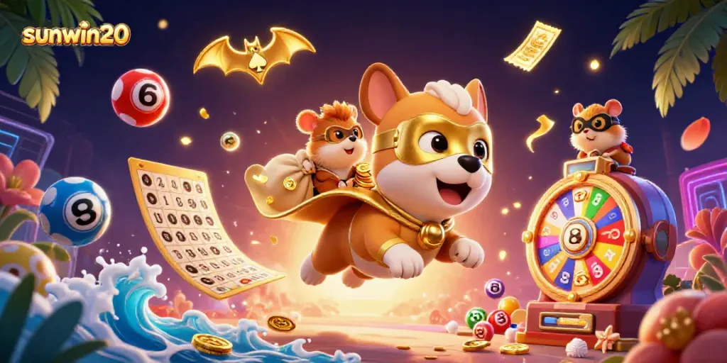 Experience thrilling fun with sunwin20 illustrated by a superhero dog surrounded by colorful casino elements.