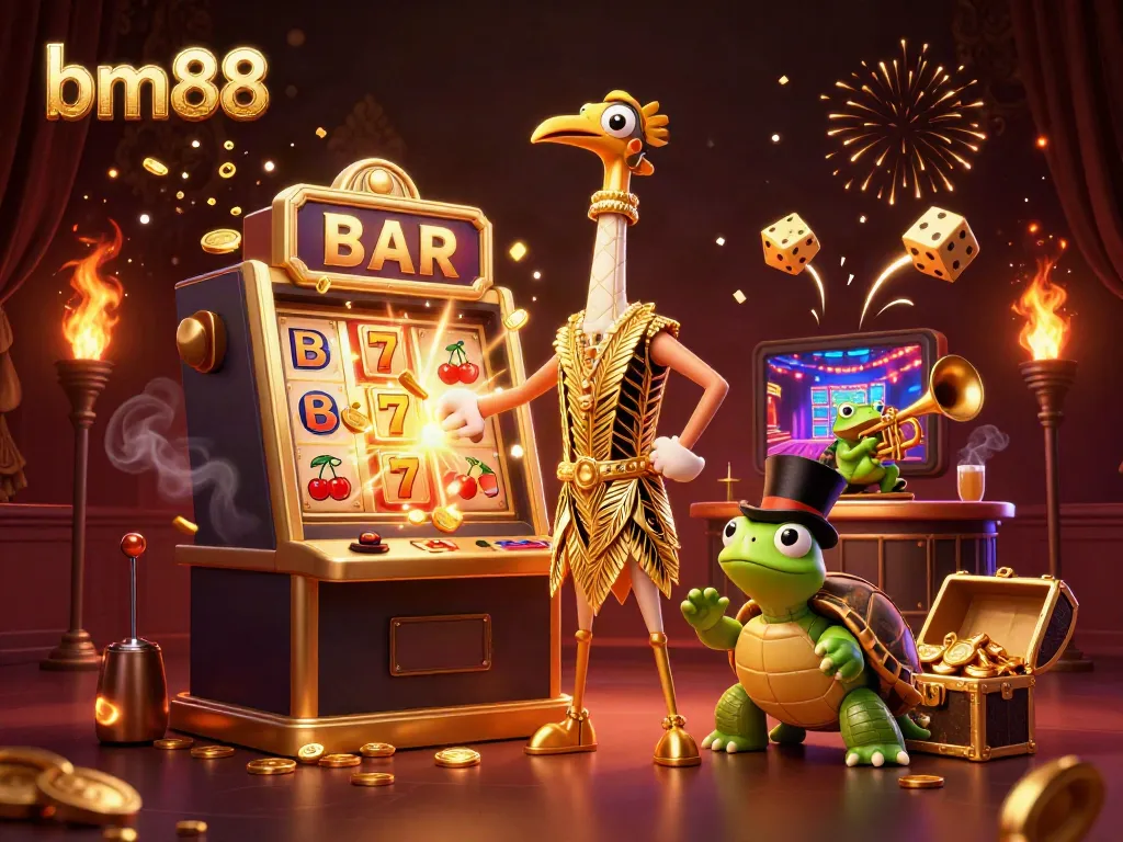 Engage in thrilling slots and gameplay with bm88 in a vibrant 3D casino scene.