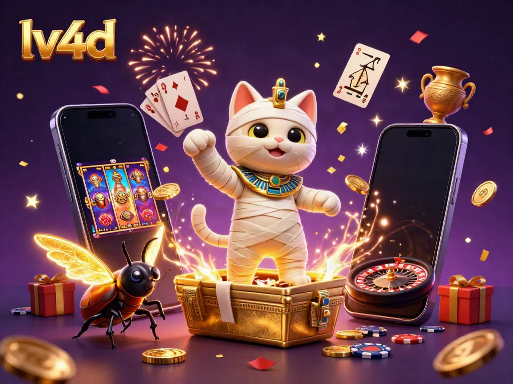 Experience the excitement of lv4d with a vibrant 3D casino scene featuring an Egyptian mummy cat and golden coins.