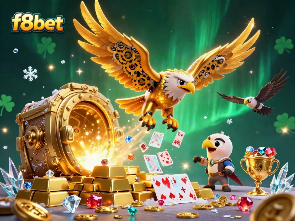 Experience winning thrills at f8bet with this dynamic illustration of an adventurous eagle diving through holographic cards.
