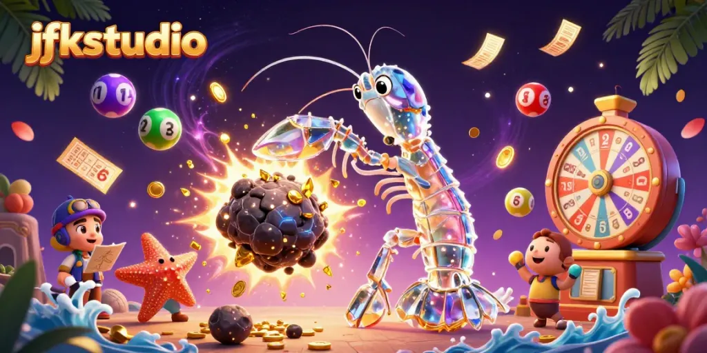 Experience jfkstudio's vibrant casino adventure with a galactic samurai mantis shrimp and colorful lottery elements.