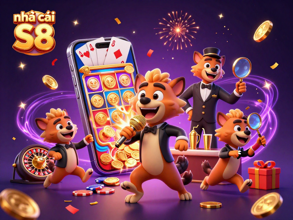 Engaging illustration of nhà cái S8 with hyenas in a casino setting, showcasing vibrant gaming elements.