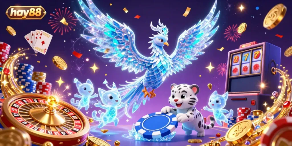 Witness the captivating fun of hay88 with a magical casino-themed scene, showcasing a playful snow leopard and an ice phoenix.