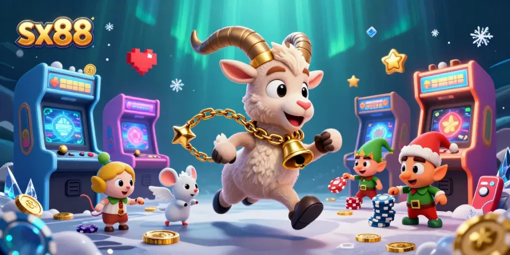 Experience the thrilling actions of sx88 as Krampus, angel mouse, and gremlins animate a festive casino scene.