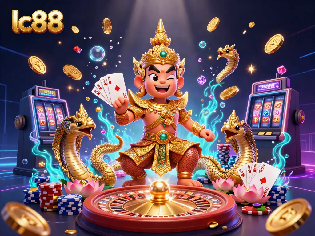 Experience exciting gaming with lc88, featuring vibrant characters, golden coins, and dynamic casino elements.