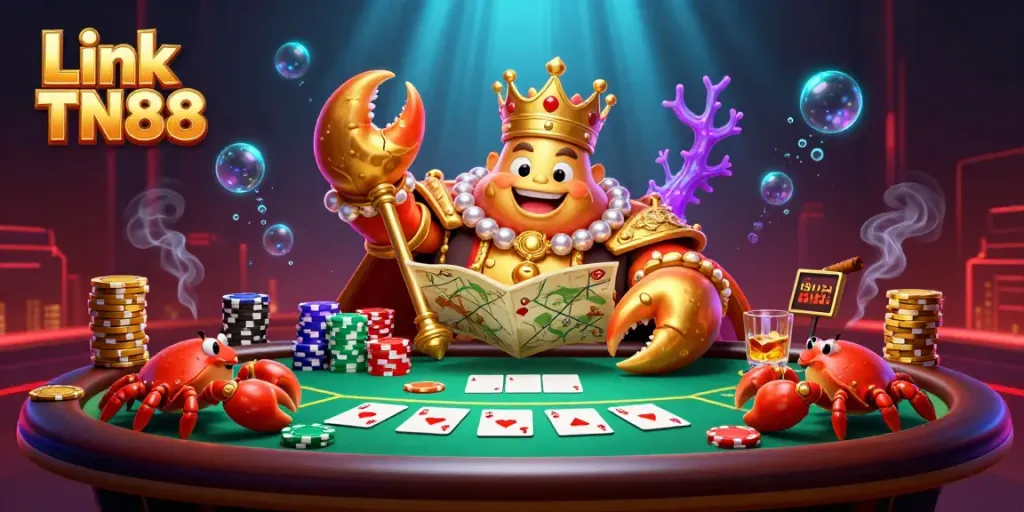 Play big with Link TN88 in a vibrant poker scene featuring a crab emperor and chips.