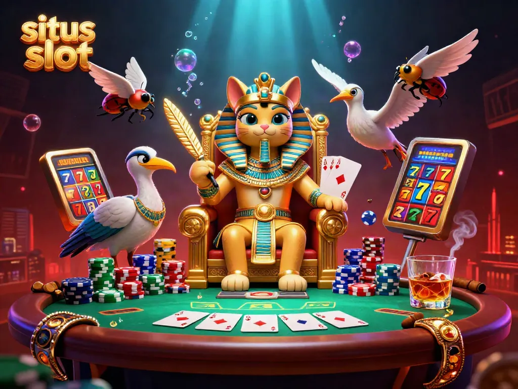 Rasakan keseruan bermain situs slot dengan ilustrasi penuh warna dan karakter menarik, seperti kucing firaun dan teman ibis.