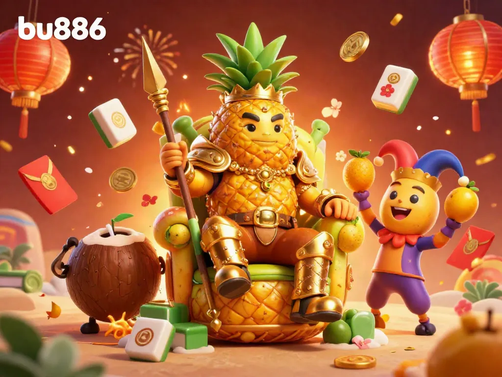 Celebrate with bu886 in an energetic 3D casino scene featuring a pineapple king and joyful game elements.