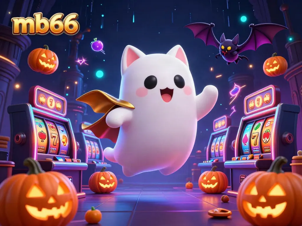 Experience thrilling slot action with mb66 featuring a ghostly cat and vibrant casino elements.